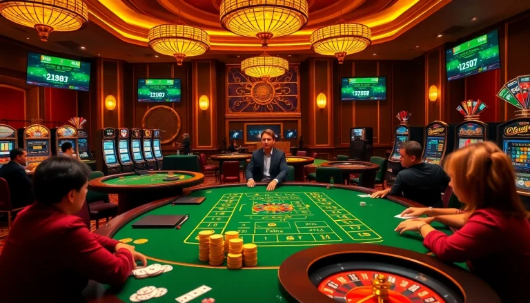 Exciting scene of nhà cái usbet showcasing an upscale casino experience with live dealer tables and elegant gambling elements.