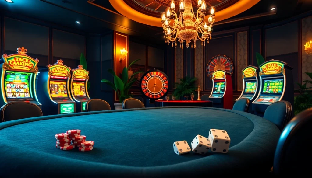 RAJABARONG showcases a luxurious casino environment with slot machines and poker chips.