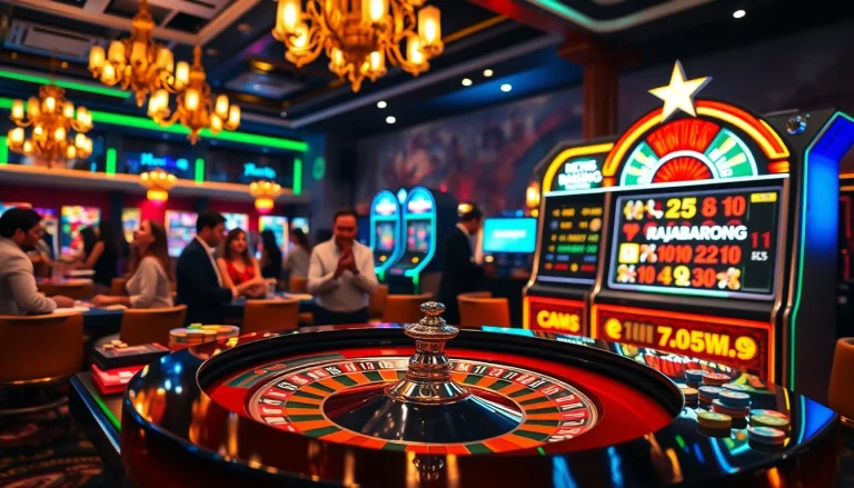 RAJABARONG branding highlights a thrilling casino moment with a luxurious roulette table.