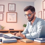 Certified translator working diligently in a professional office setting with translation tools and certifications.