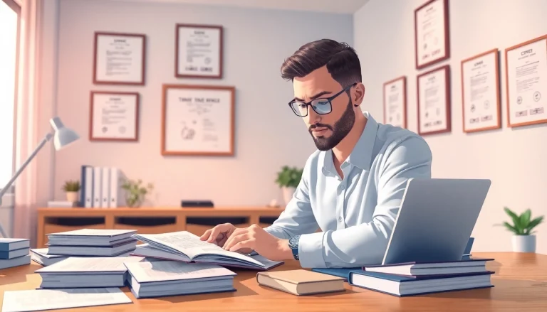 Certified translator working diligently in a professional office setting with translation tools and certifications.