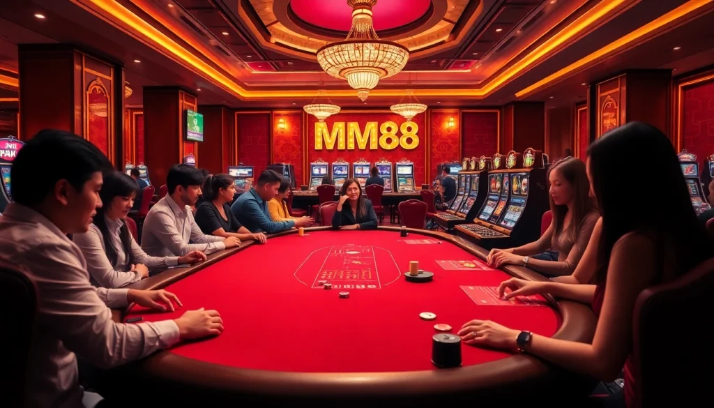 Experience exciting online gaming at MM88 with vibrant casino tables and thrilling slot machines.