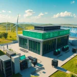 Best cloud mining platforms highlighted in a modern, sustainable cryptocurrency mining facility with renewable energy sources.