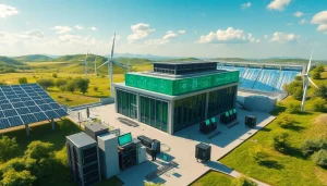 Best cloud mining platforms highlighted in a modern, sustainable cryptocurrency mining facility with renewable energy sources.