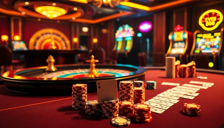 Players experiencing the excitement of EV88 at a luxurious casino table with poker chips and cards.
