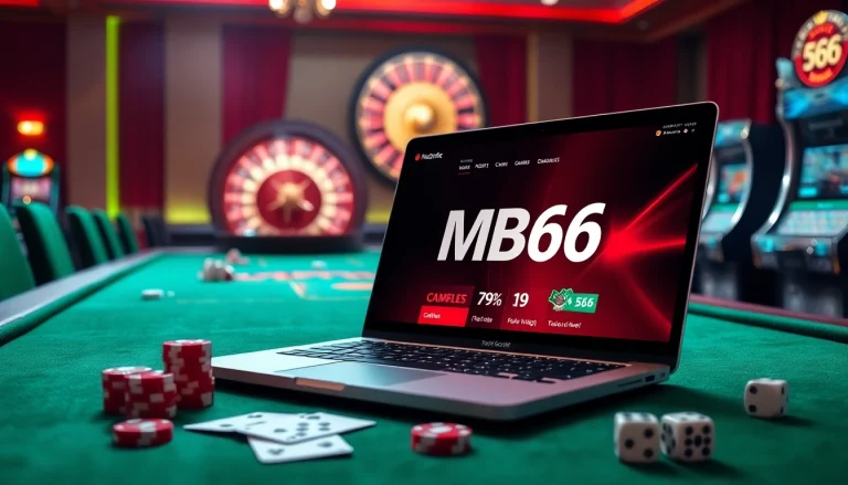 Experience MB66 online gaming on a luxurious casino interface with poker chips and roulette.