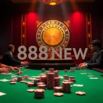 Exciting casino scene with poker players, colorful chips, and roulette wheel at 888NEW gaming table.