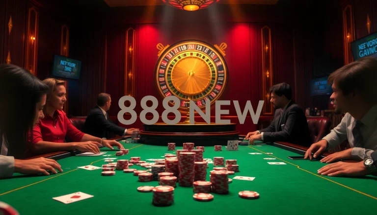 Exciting casino scene with poker players, colorful chips, and roulette wheel at 888NEW gaming table.