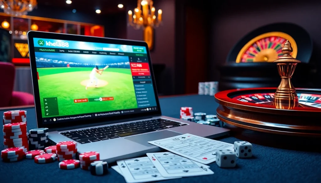 Engage with khela88 bet through an immersive online casino scene featuring vibrant betting elements.