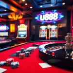 Engaged players at nhà cái u888 casino table with poker chips and roulette wheel
