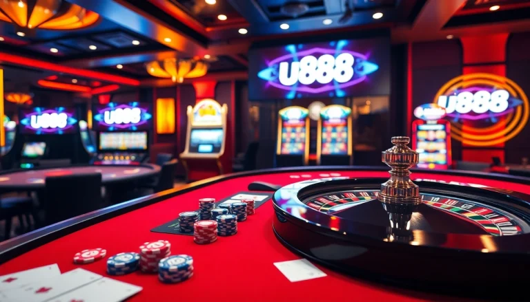 Engaged players at nhà cái u888 casino table with poker chips and roulette wheel