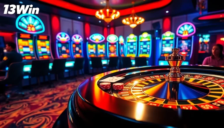Exciting gaming scene at 13Win casino featuring vibrant poker chips and a roulette wheel.