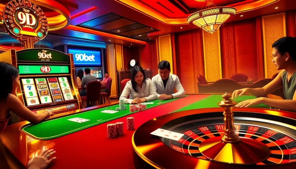 Engaged players at a casino table with 9Dbet vibrantly displayed, capturing the excitement of betting.