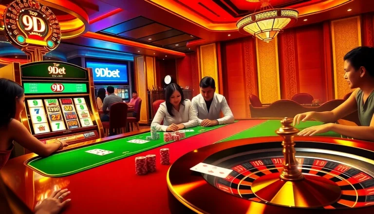 Engaged players at a casino table with 9Dbet vibrantly displayed, capturing the excitement of betting.