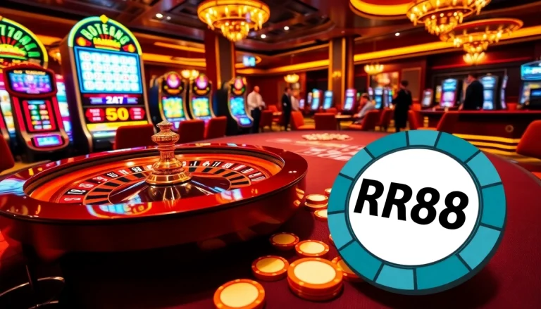 Engaging casino scene with roulette and slot machines showcasing RR88 logo