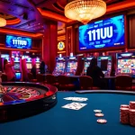 Exciting gameplay at a luxurious casino featuring 11UU poker chips and vibrant slot machines.
