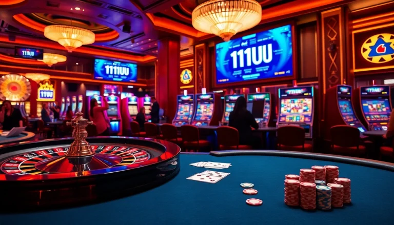 Exciting gameplay at a luxurious casino featuring 11UU poker chips and vibrant slot machines.