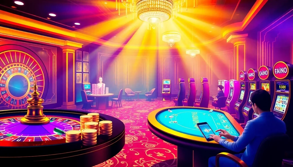 Engage with Đăng Ký LC88 in a vibrant online casino scene featuring roulette, poker, and slot machines.