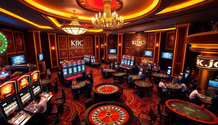 KJC casino scene showcasing luxury poker tables and vibrant slot machines amidst a glamorous ambiance.