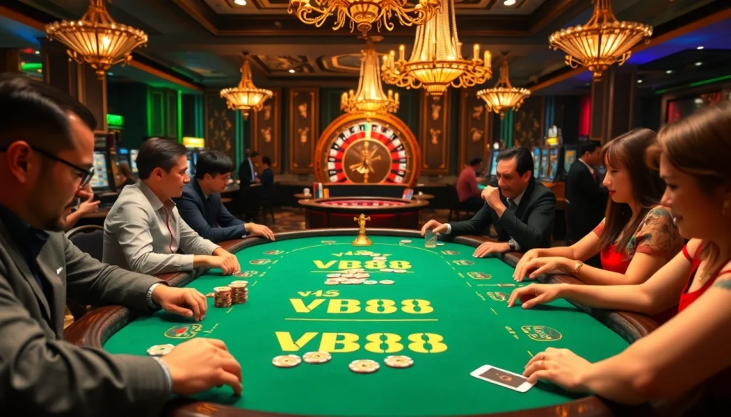 Engaged players at a VB88-branded poker table in an immersive casino environment.