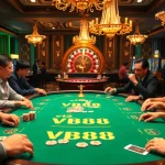 Engaged players at a VB88-branded poker table in an immersive casino environment.