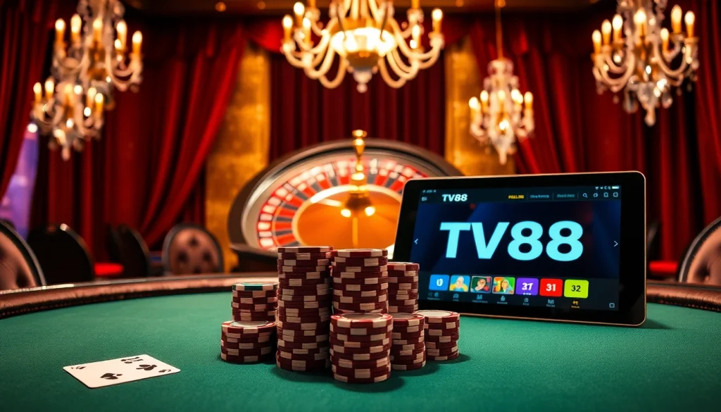 Experience luxury gaming with TV88's vibrant casino atmosphere featuring poker and roulette.