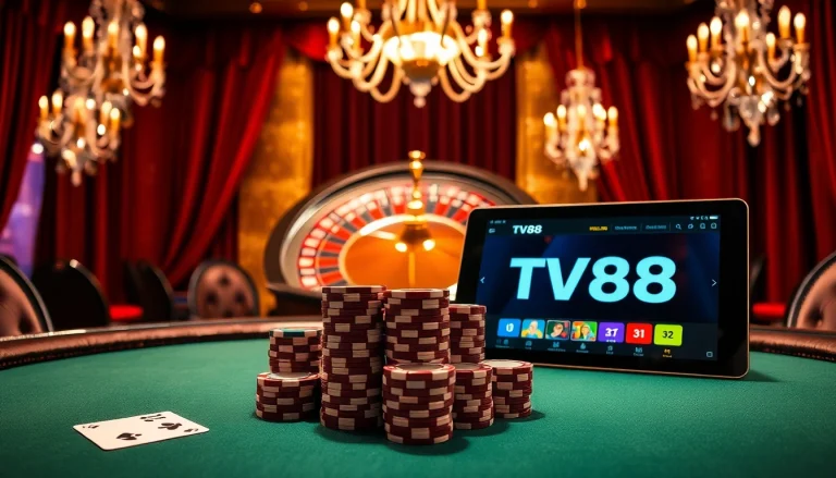 Experience luxury gaming with TV88's vibrant casino atmosphere featuring poker and roulette.