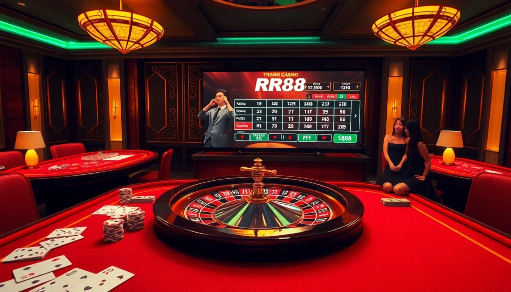 Experience the excitement of Trang Chủ RR88 in a luxurious casino setting with premium gaming elements.