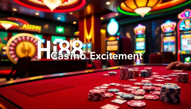 Experience thrilling gaming action at Hi88 Casino with vibrant poker chips and roulette.