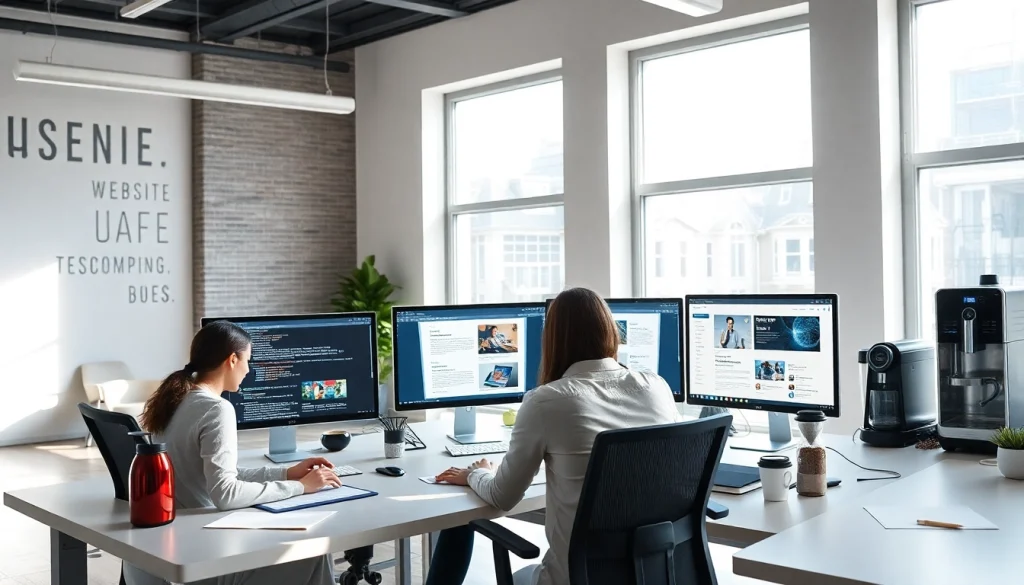 Professional team collaborating on thiết kế website theo yêu cầu in a modern web design studio.