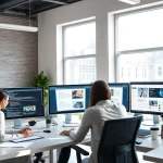 Professional team collaborating on thiết kế website theo yêu cầu in a modern web design studio.