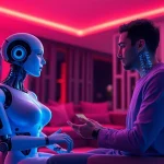 A futuristic scene showcasing a human interacting with a lifelike AI companion in a modern living room, representing the concept of sex ai.