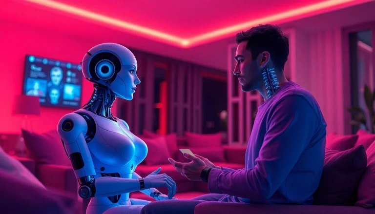 A futuristic scene showcasing a human interacting with a lifelike AI companion in a modern living room, representing the concept of sex ai.