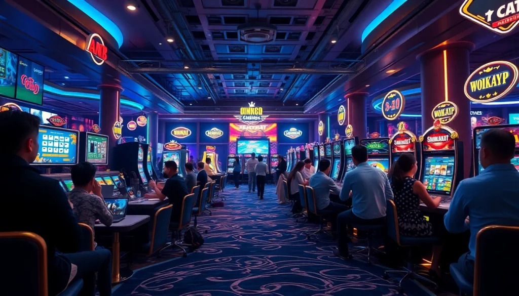 Exciting gaming scene at https://mm88.agency/ showcasing diverse players in a modern casino environment.