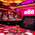 Excited players betting at a luxurious roulette table with rr88 branding.