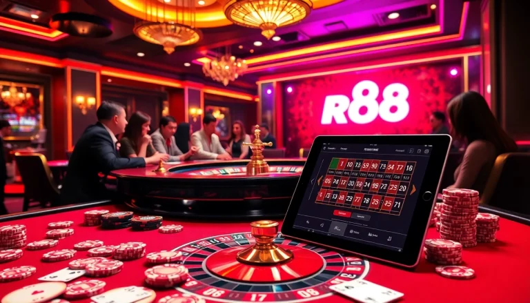 Excited players betting at a luxurious roulette table with rr88 branding.