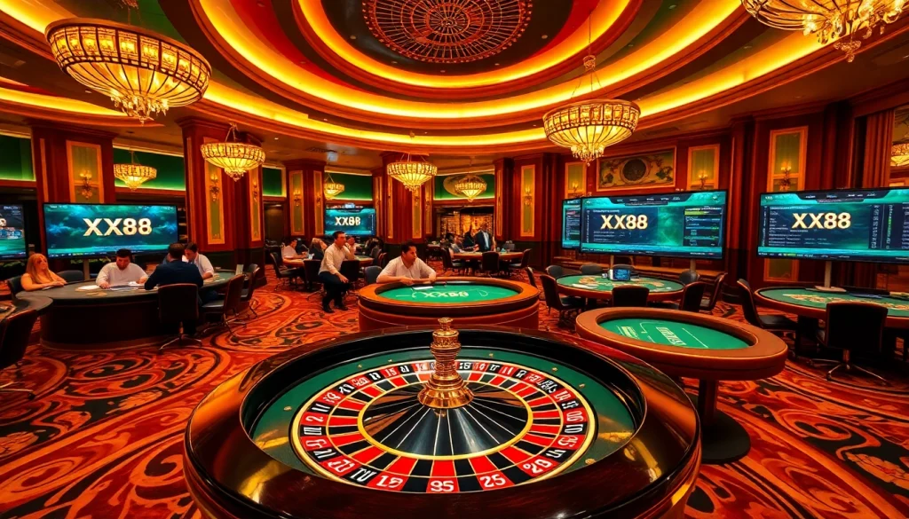 Engaged gamblers enjoying games at XX88, featuring poker chips and a roulette wheel in a luxurious casino setting.