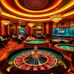 Engaged gamblers enjoying games at XX88, featuring poker chips and a roulette wheel in a luxurious casino setting.