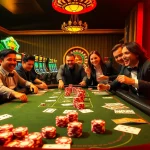 Excited players experience luxury gambling at GG88's vibrant casino scene with poker chips and dazzling slot machines.