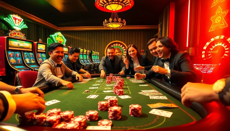Excited players experience luxury gambling at GG88's vibrant casino scene with poker chips and dazzling slot machines.