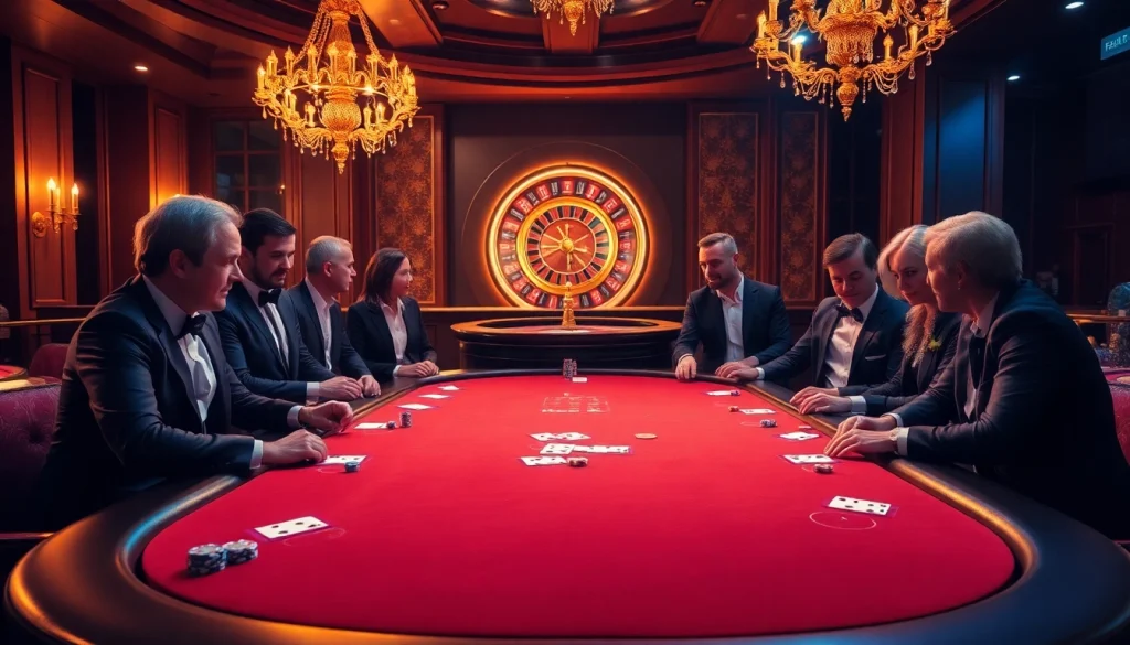 KJC players strategizing in an upscale casino setting with vibrant poker action.