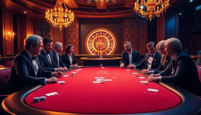 KJC players strategizing in an upscale casino setting with vibrant poker action.