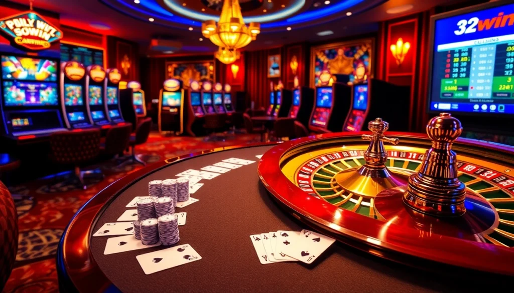 Experience high-stakes poker excitement at 32win's luxurious casino table with vibrant chips and glowing roulette.