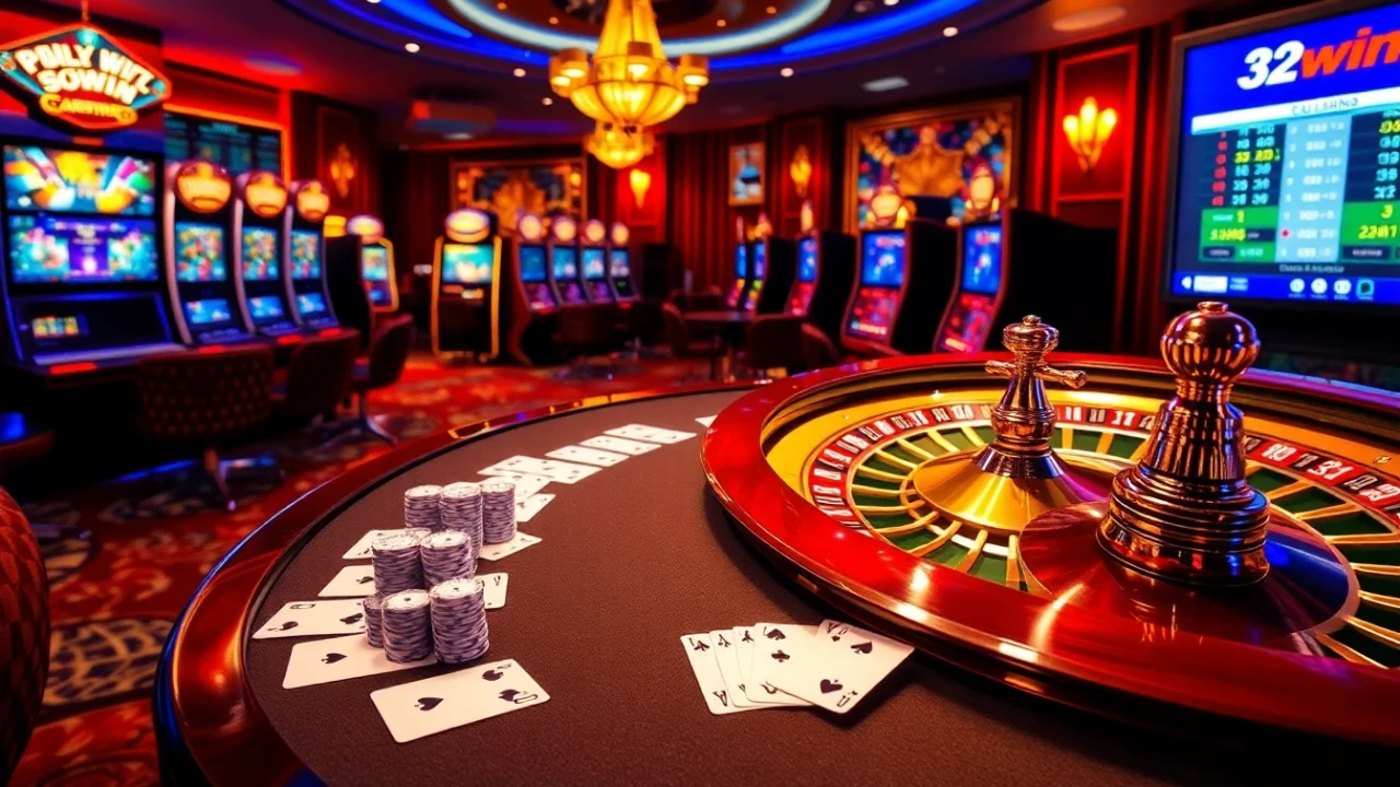 Experience high-stakes poker excitement at 32win's luxurious casino table with vibrant chips and glowing roulette.