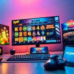 Exciting SC88 bet gaming setup with colorful casino graphics and luxury peripherals.