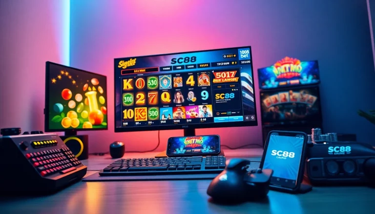 Exciting SC88 bet gaming setup with colorful casino graphics and luxury peripherals.