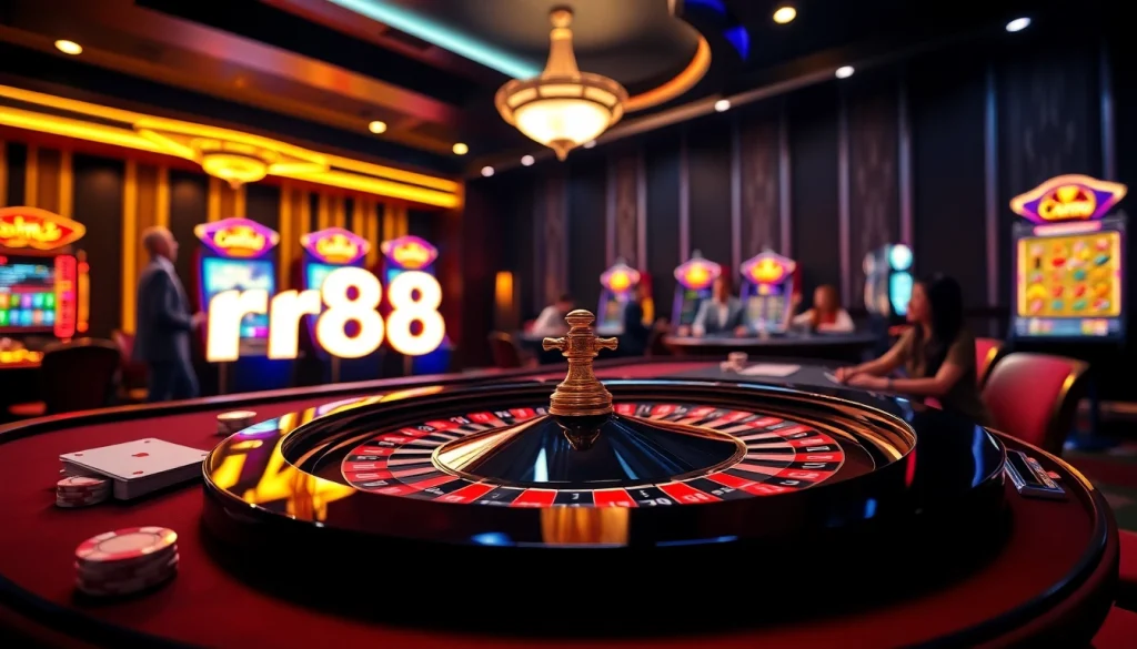 Exciting casino scene featuring rr88 logo on a vibrant roulette table with poker chips and cards.