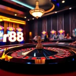 Exciting casino scene featuring rr88 logo on a vibrant roulette table with poker chips and cards.