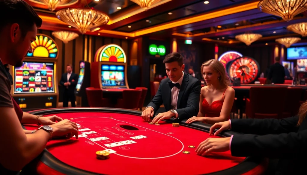 An exciting casino atmosphere showcasing players at a blackjack table, highlighting the betting experience at https://gem88.buzz/.