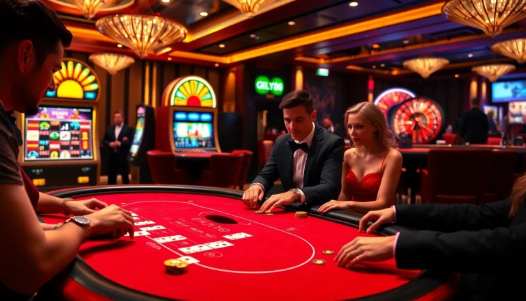 An exciting casino atmosphere showcasing players at a blackjack table, highlighting the betting experience at https://gem88.buzz/.